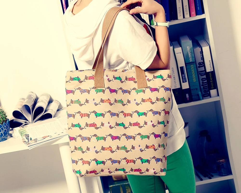 Dachshund Tote Cartoon Sausage Dog Pet Handbag Girl Casual Canvas Shoulder Bag for Women  Shopping Bag (9)