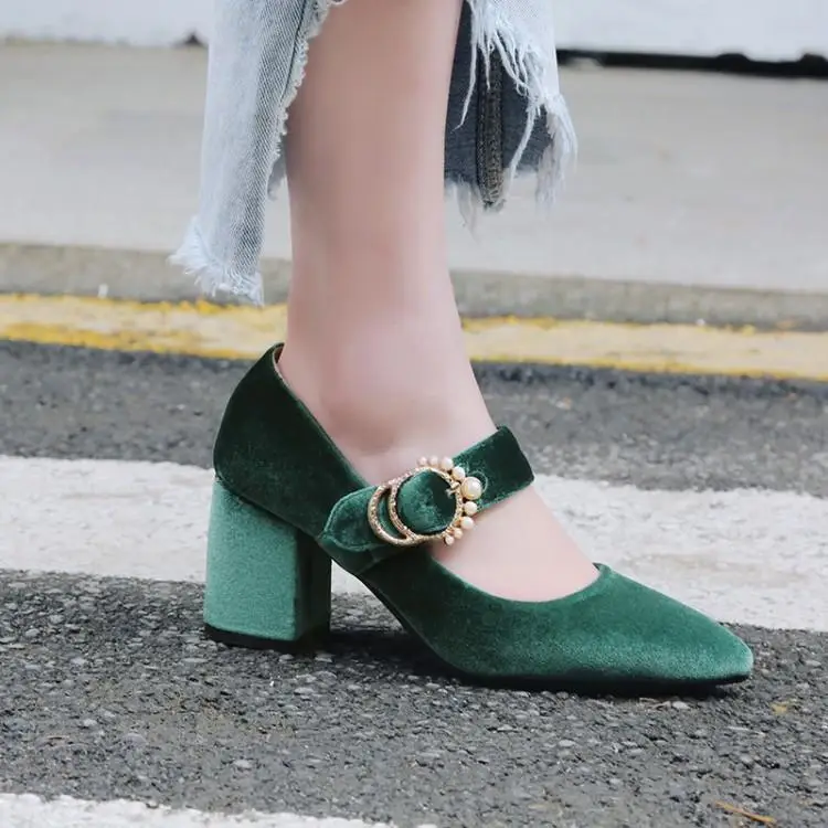 

US4-11 Womens Velvet Pointed Toe Mary Janes High Block Chunky Heels Pumps Pearls Beads Buckle Banquet Shoes 3Colors A446