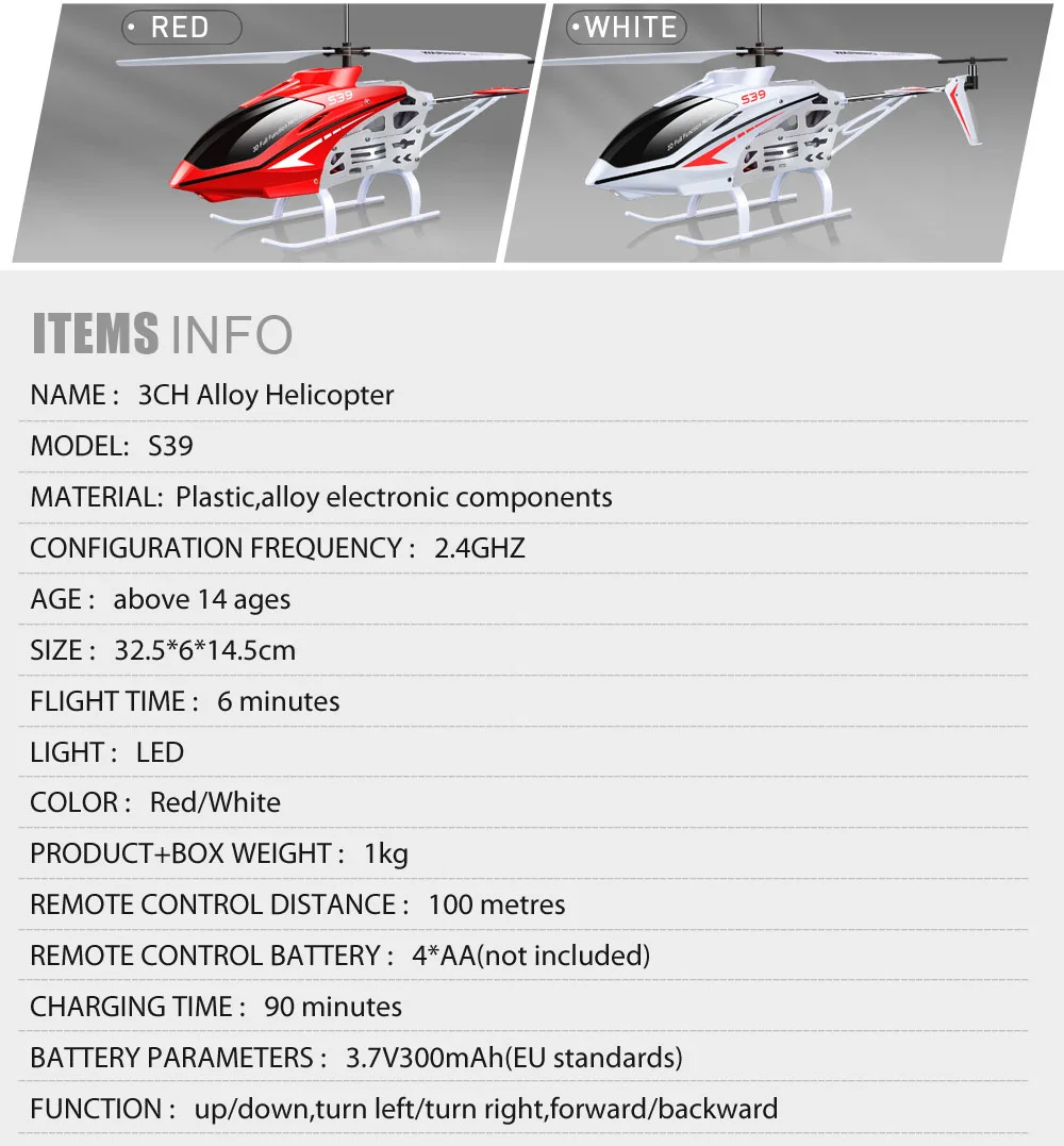 Радиоуправляемый вертолет S39 2,4 GHz 3CH с гироскопом светодиодный мигающий алюминиевый Анти-шок пульт дистанционного управления игрушка детский подарок красный/белый