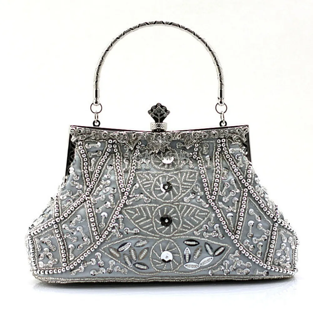 Silver Exquisite Seed Bead Sequined Party Clutch Prom Bag Purse Evening