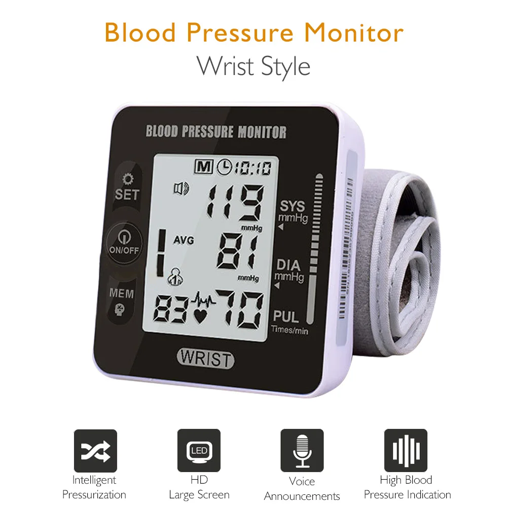 Английский Ручной портативный наружный Монитор артериального давления на запястье Сфигмоманометр с ЖК-экраном голосовое чтение два