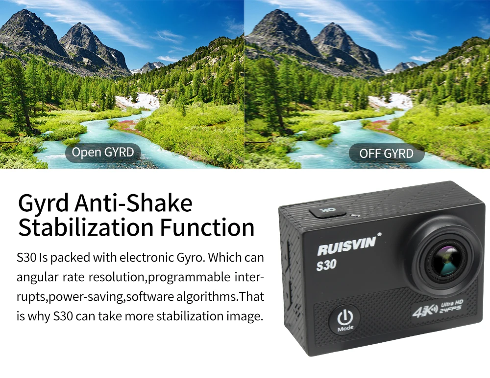 RUISVIN S30 Wi-Fi 4 K 24fps Novatek 96660 2," ЖК-дисплей экшн Камера возможностью погружения на глубину до 30 м для дайвинга Водонепроницаемый Pro Камера со сверхвысоким разрешением Ultra HD Спортивная камера