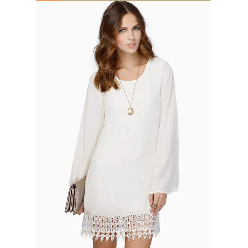 2017 Sexy Lace Summer Woman Dress Casual Loose Round Neck Long Sleeve Mini Big Yards Party Wearing Black And White A078 | Женская одежда
