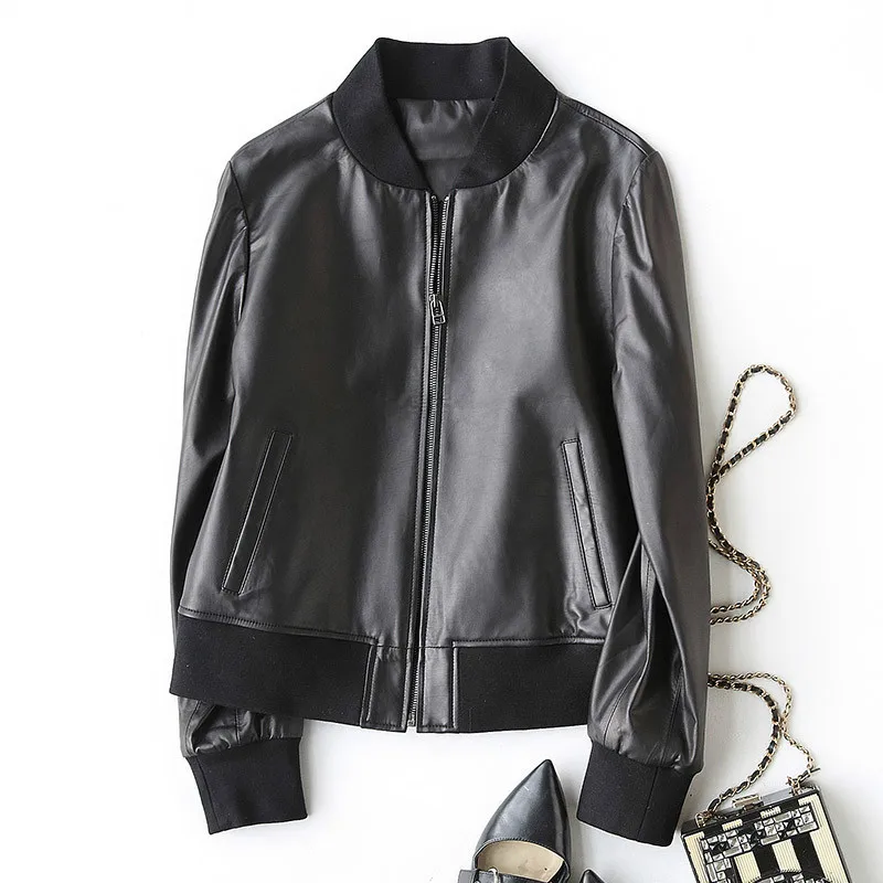 

Sheepskin Coat Genuine Leather Jacket Women for 2019 Short Casual Bomber Jacket Spring Autumn Veste Cuir Femme KQN27206-1 J2319