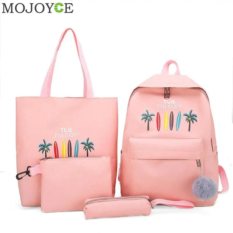 

4pcs/set Composite Bags Coconut Tree Print Backpacks Shoulder Clutch Pen Bags Women Canvas Knapsack Totes Purse