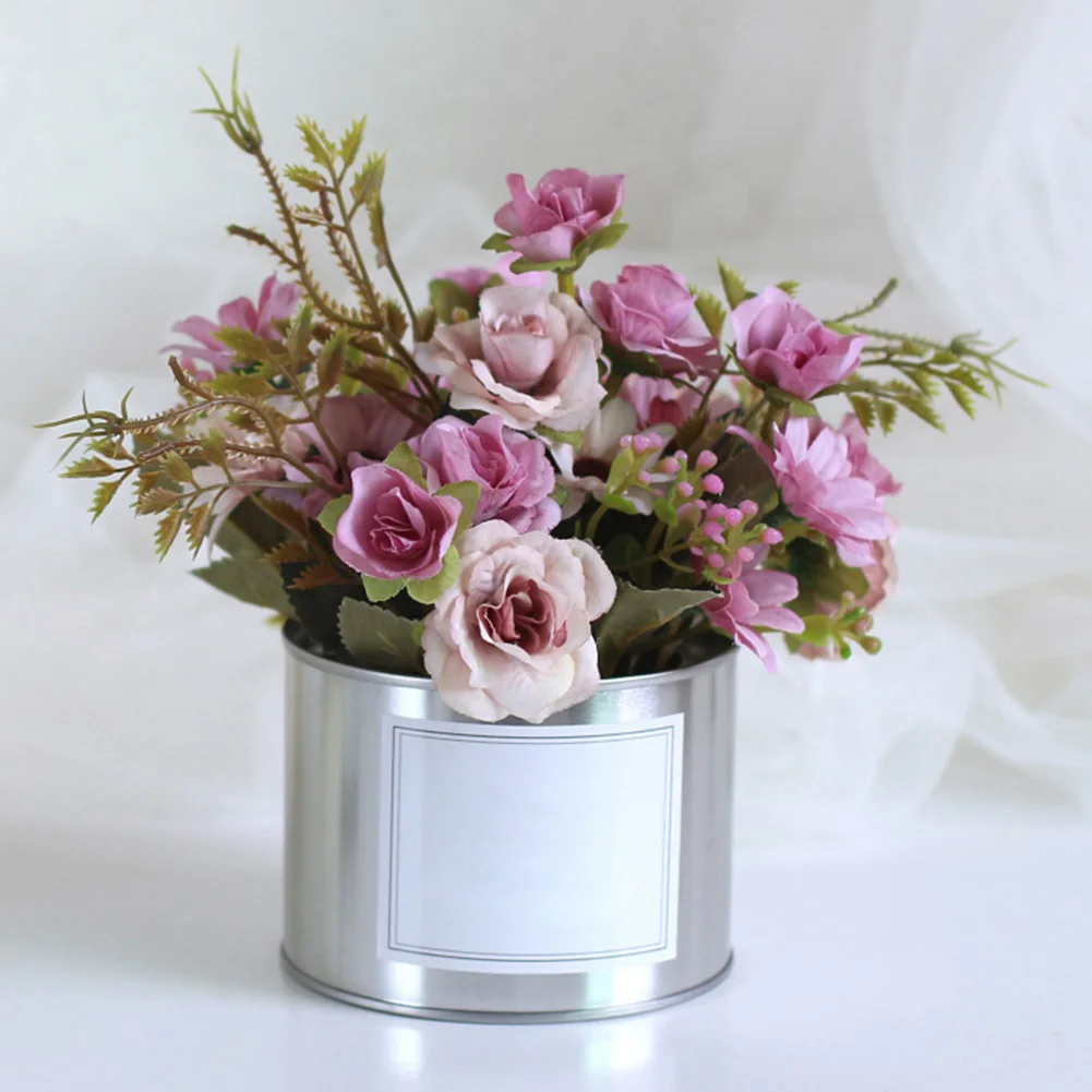 Пластиковый искусственный букет роз Металлический горшок для растений Свадебная вечеринка украшение дома Горячая