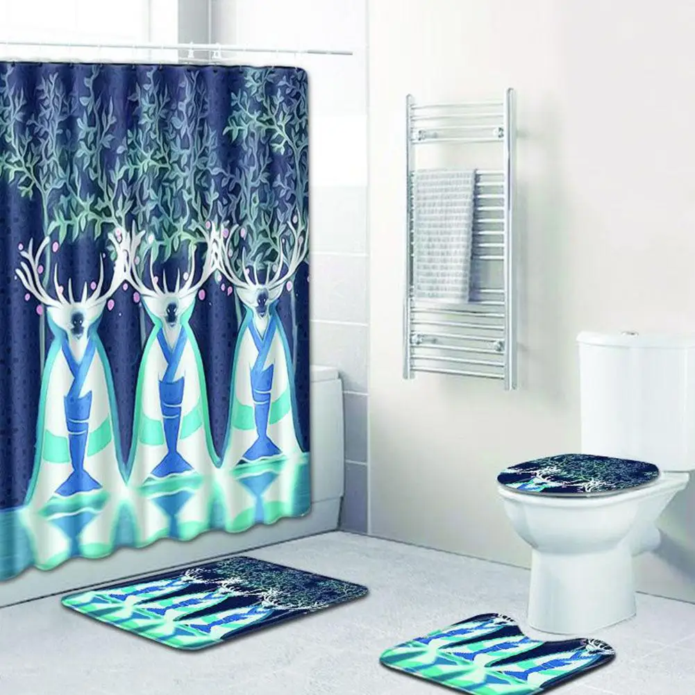 4pcs / set Elk series Printed Pattern Shower Curtain Pedestal Carpet Lid Toilet Cover Mat Bath Mat Set Bathroom Curtains with 12 hooks - Цвет: 4