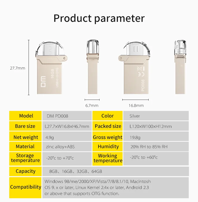 DM PD008 8GB 16GB 32GB USB2.0 с двойным разъемом используется для OTG смартфона и компьютера водонепроницаемый