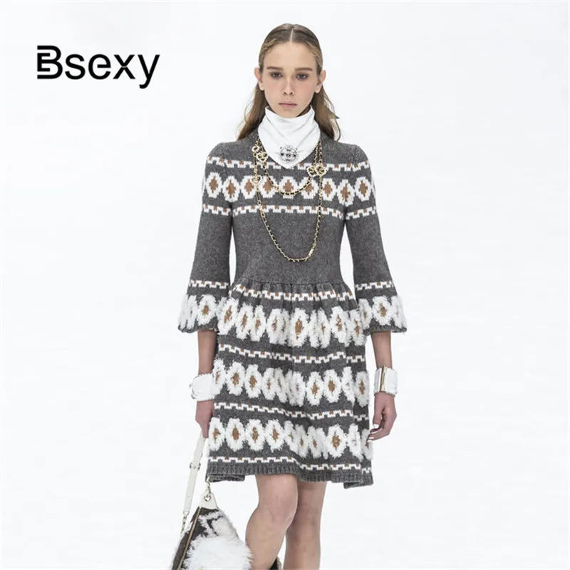 Runway Knitting Dress Fashion Geometric Jacquard Autumn Winter Sweater Dress Women Half Sleeve Mini A line Jumper Dress