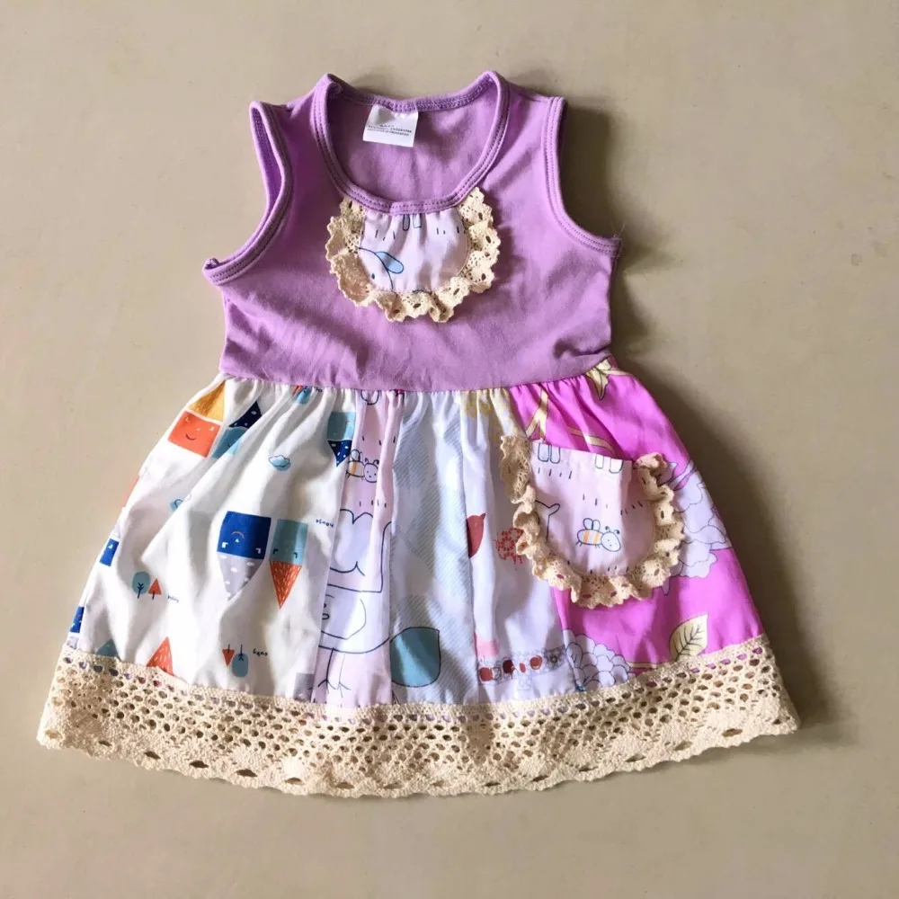 

With a pocket 100%cotton Light print Summer style with Ruffles trim and sleeveless Baby Girls Dress with a Bib Apparel Accessory