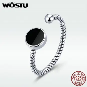 

WOSTU 100% 925 Sterling Silver Round Open Rings For Women Man Cool Black Adjustable Ring Christmas Fine Jewelry brincos DZR157