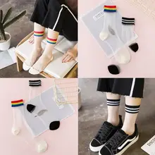 Японские Женские короткие носки в стиле Харадзюку хипстерские летние тонкие носки из прозрачного стекловолокна с радужным полосатым верхом, Короткие чулочно-носочные изделия