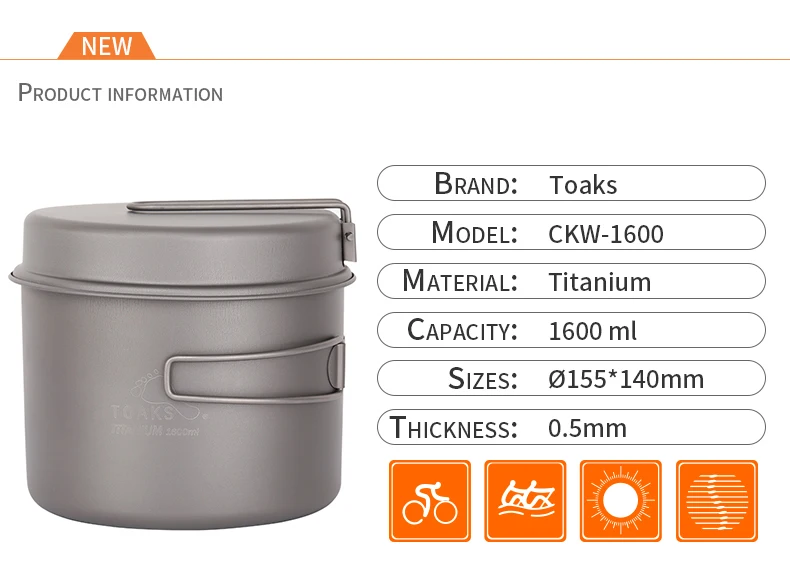 TOAKS набор посуды титановый горшок 1600 мл сковорода Складная ручка портативная походная посуда для кемпинга Кастрюля Сковорода CKW-1600