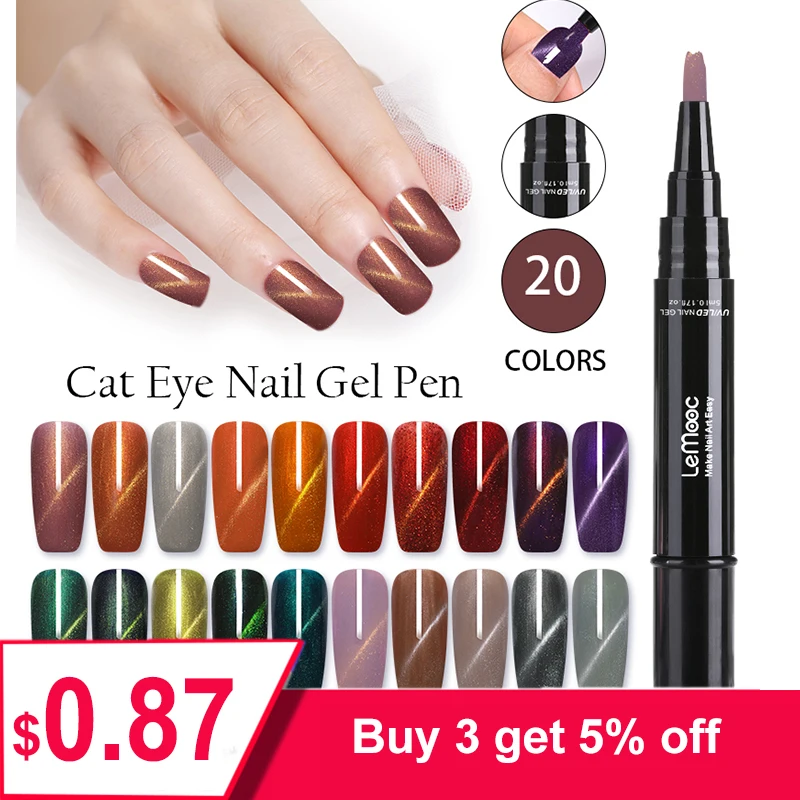 

LEMOOC 5ml Cat Eyes Magnetic Nail Gel Pen Glitter Semi Permanent Design Nail Art Varnish Soak Off UV Led Gel Polish