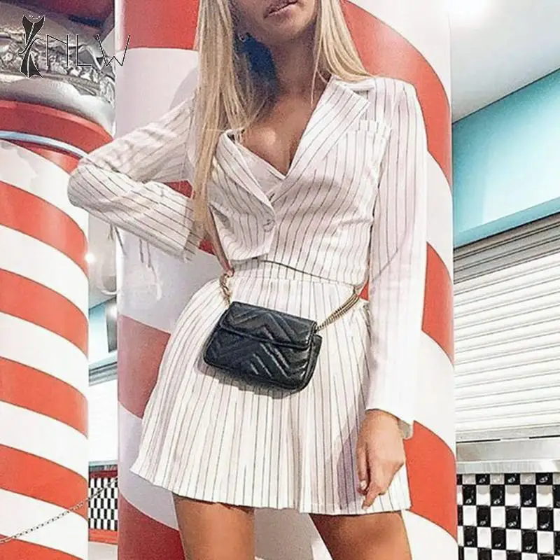 NLW White Stripe Women Blazers Jackets Long Sleeve Short Autumn Winter Blazer Streetwear Pockets Belt Business Blazer