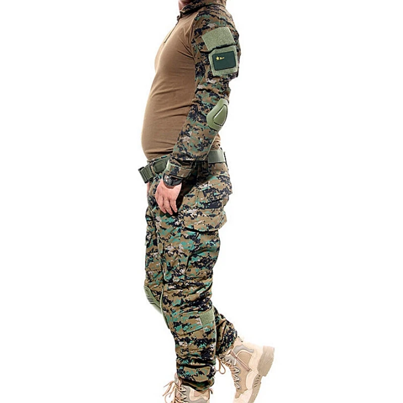 Тактическая Боевая форма, набор для охоты на открытом воздухе, костюмы, длинная рубашка с брюками+ наколенники, армейская военная одежда для мужчин