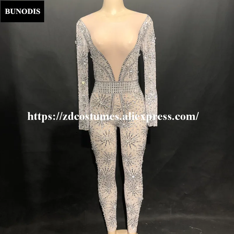 

ZD274 Women Sexy Net Yarn Jumpsuit Full Of Sparkling Crystals Bodysuit Fashion Show Nightclub Party Birthday Stage Wear Customes