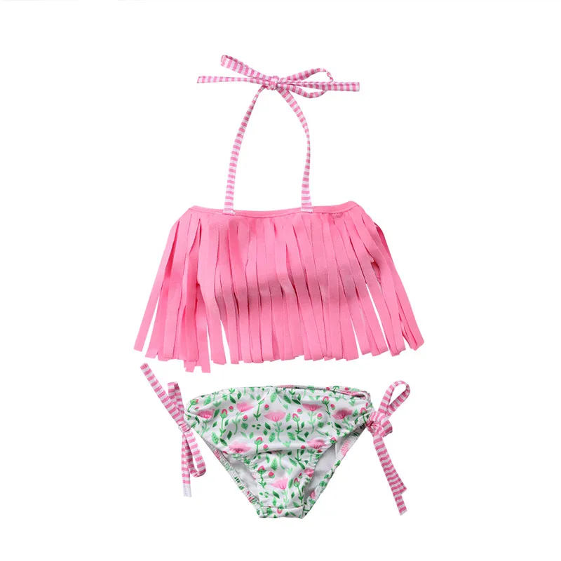 

Kids Tassels 2018 Swimsuits summer halter bandage 2-7Y cute baby girls print bikini set 2pcs Beach Wear maillot de bain Tankini