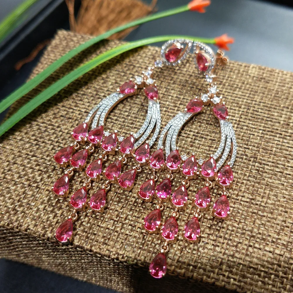 

FLZB , Big beautiful long earrings 925 sterling silver with good cubic zircon in rose gold plated party charmearrings for women