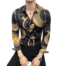 Новая мода бутик печати мужские тонкие повседневные рубашки с длинными рукавами/Европейские и американские модные мужские рубашки черный белый