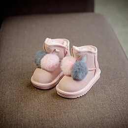 Сапоги для девочек с кроличьим мехом; зимняя обувь для девочек; зимние сапоги; Теплая обувь с мехом; детские резиновые сапоги; детская кожаная обувь; size21-37 - Цвет: Розовый