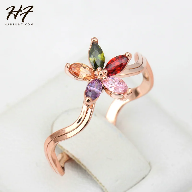 Delicate Multicolour Flower Ring for Women Girl Rose Gold Color 5pcs AAA+CZ Curved Finger Rings party Daily Fashion Jewelry R009