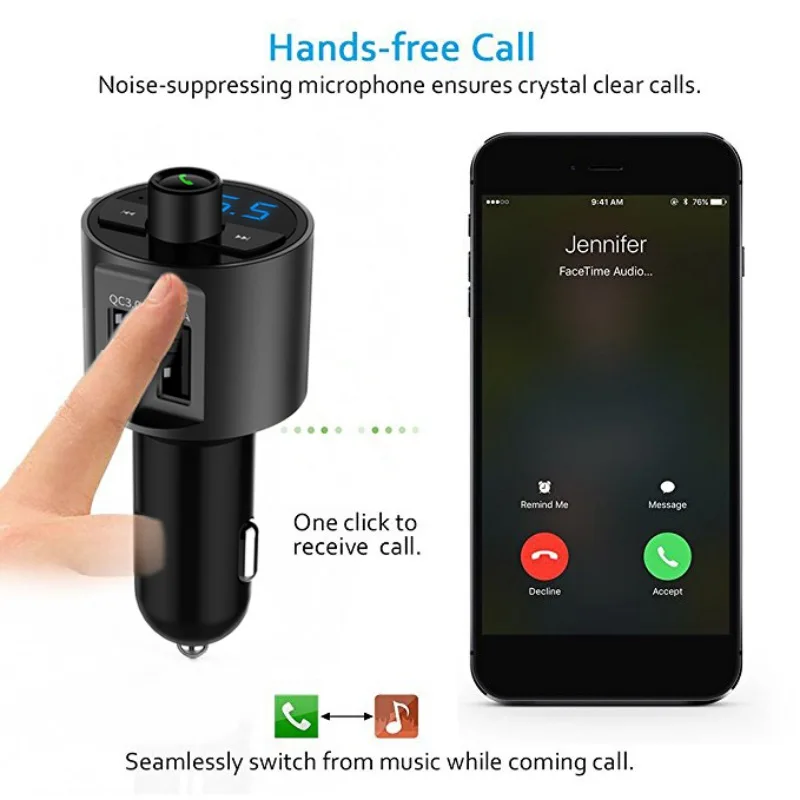 QC3.0 Car Charger Dual USB Charging Ports Hands Free Calling Bluetooth FM Transmitter Wireless Radio Adapter for iPhone X QC3.0 Car Charger Dual USB Charging Ports Hands Free Calling Bluetooth FM Transmitter Wireless Radio Adapter for iPhone X
