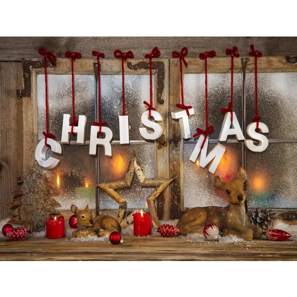 

Wooden Window Pine Tree Kids Christmas Photo Backdrop Printed Star Red Balls Candles Elks Winter Snow Photography Backgrounds