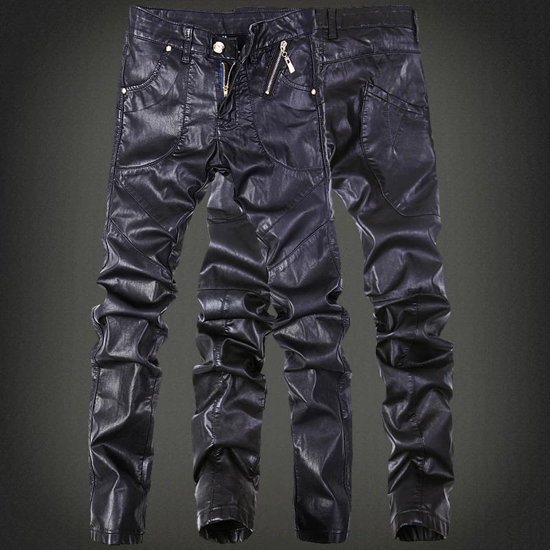 Punk rock trousers men Skinny tight faux leather pants Black Slim fit