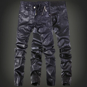 

Punk rock trousers men Skinny tight faux leather pants Black Slim fit Zippers Plus size 30 31 32 33 34