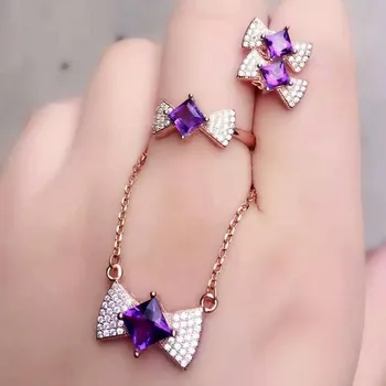 

Fidelity Natural purple crystal s925 sterling silver earrings ring Pendant jewelry sets natural gem Bow tie fine jewelry women