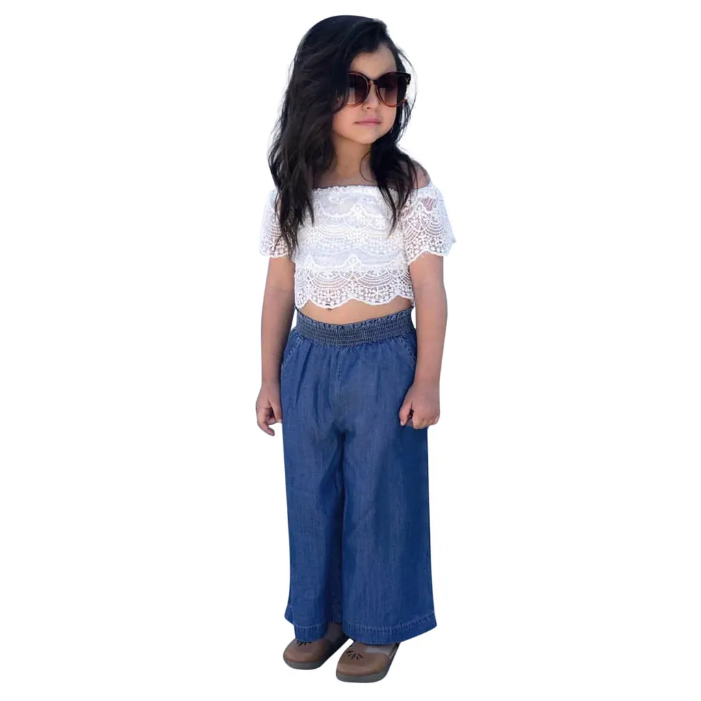 

SAGACE Children's Sets kid clothes swimsuit kids Children's Clothing summer sets girls kids Lace Flower Tops Long Pants 19May7