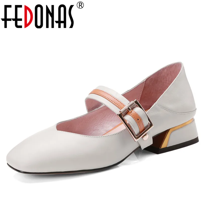 

FEDONAS Women's High Heels Genuine Leather Shoes Fashion Square Toe Shoes For Women Mary Jane Black White Pumps New Shoes Woman