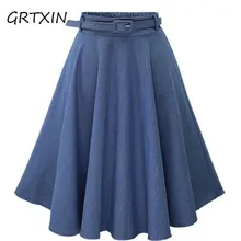 GRTXIN модная женская юбка винтажная Ретро Высокая талия плиссированная миди юбка джинсовая Расклешенная юбка с поясом