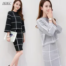 

2017 autumn korean Women's suits two piece Set pullover Knitted long sleeve Tops+Skirts plaid Suit women Winter Suit clothing