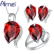 Almei Свадебный костюм комплекты украшений для женщин кольцо Бижутерия Набор женские ювелирные украшения ожерелье серьги с красным камнем T067