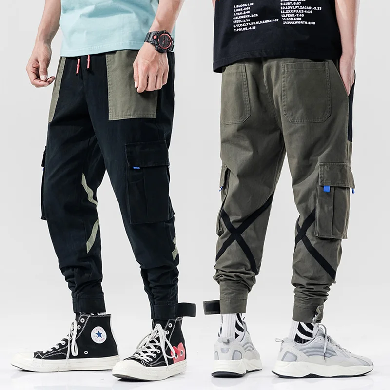 

New Fashion Autumn Man X Pants Streetwear Stitching Color Joggers Hip Hop Long Pants Men Elastic Waist Cargo Pants Men
