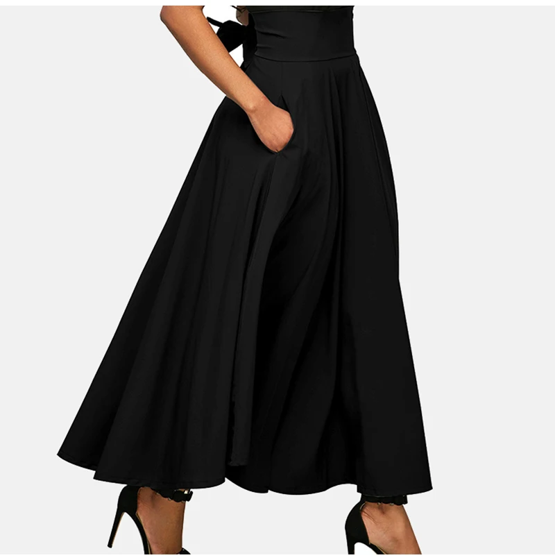 Плиссированные женские юбки с высокой талией, черная юбка длиной до щиколотки, юбки на молнии карманы, свободные юбки с бантом, 2019, Осенние