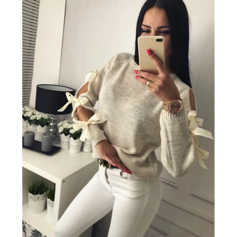Hirigin Женский Осенний пуловер с длинными рукавами и круглым вырезом бантом