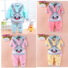 Розничная 1 компл. маленьких Обувь для девочек Одежда Набор мультфильм милый кролик бархат Twinset Дети Осень Костюмы с длинными рукавами Толстовка+ штаны