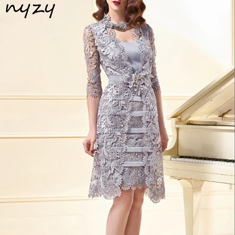 Nyzy M39 Silver Cocktail Dresses Lace Two Piece With Jacket Bolero