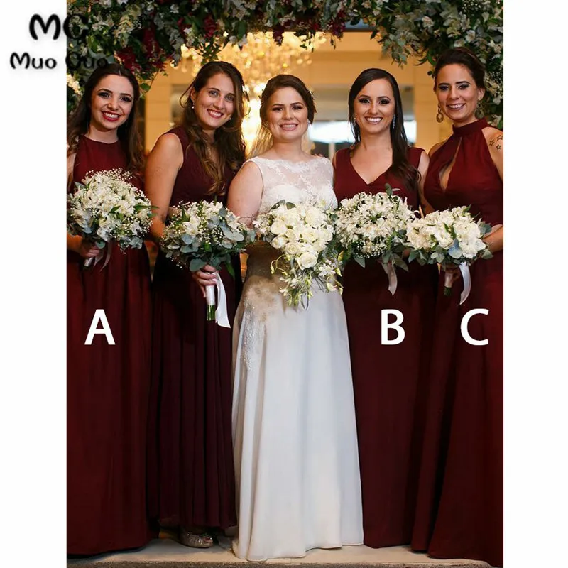 A-Line Round Neck Floor-Length Burgundy Chiffon Bridesmaid Dress with Pleats