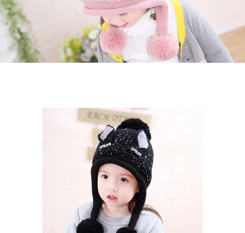 Бархатные шапочки для мальчиков, шерсть с кошачьими ушками, однотонная зимняя вязаная шапка для малышей, детские шапки с ушками для девочек 2-6 лет