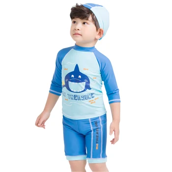 

GI FOREVER Children Two Pieces Suit With Cap Boy Cool Fish Print Swimwear Kid long Sleeve Swimsuit Bathing Suit Maillot De Bai