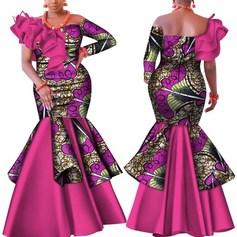 Danshiki/Африканское платье для женщин Bazin Riche, сексуальное платье на одно плечо с вырезом лодочкой, свадебное платье, традиционная африканская одежда WY4224