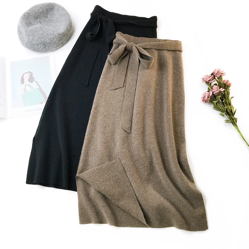 Elegant Bow Long Faux Cashmere Knit Skirt Female 2018 Fashion Split