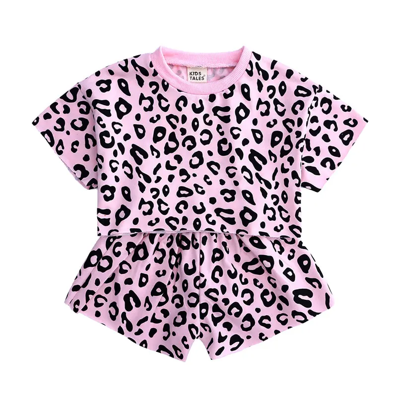 

Leopard Kids Girls Clothes Top Toddler Girl Summer Clothes Cotton Short Sleeve Tshirt+Shorts 2 Piece Fashion Children Clothes