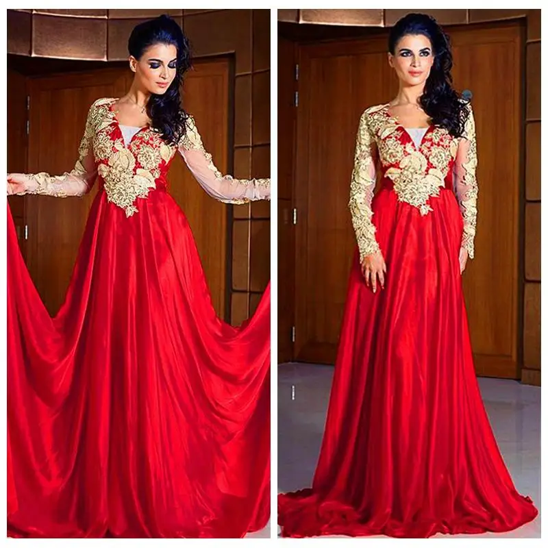 2017 Red Full Long Sleeve Goleden Applique Prom Dress Taffeta Dubai