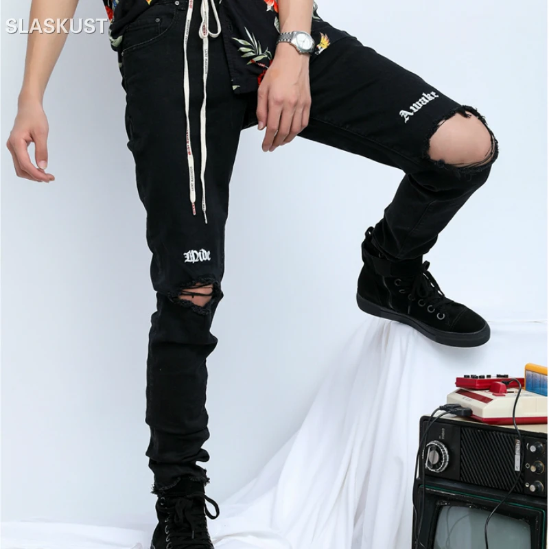 Streetwear Men Distressed Skinny Denim Jeans Hip Hop Vintage Black Ripped Jeans Letter embroidery