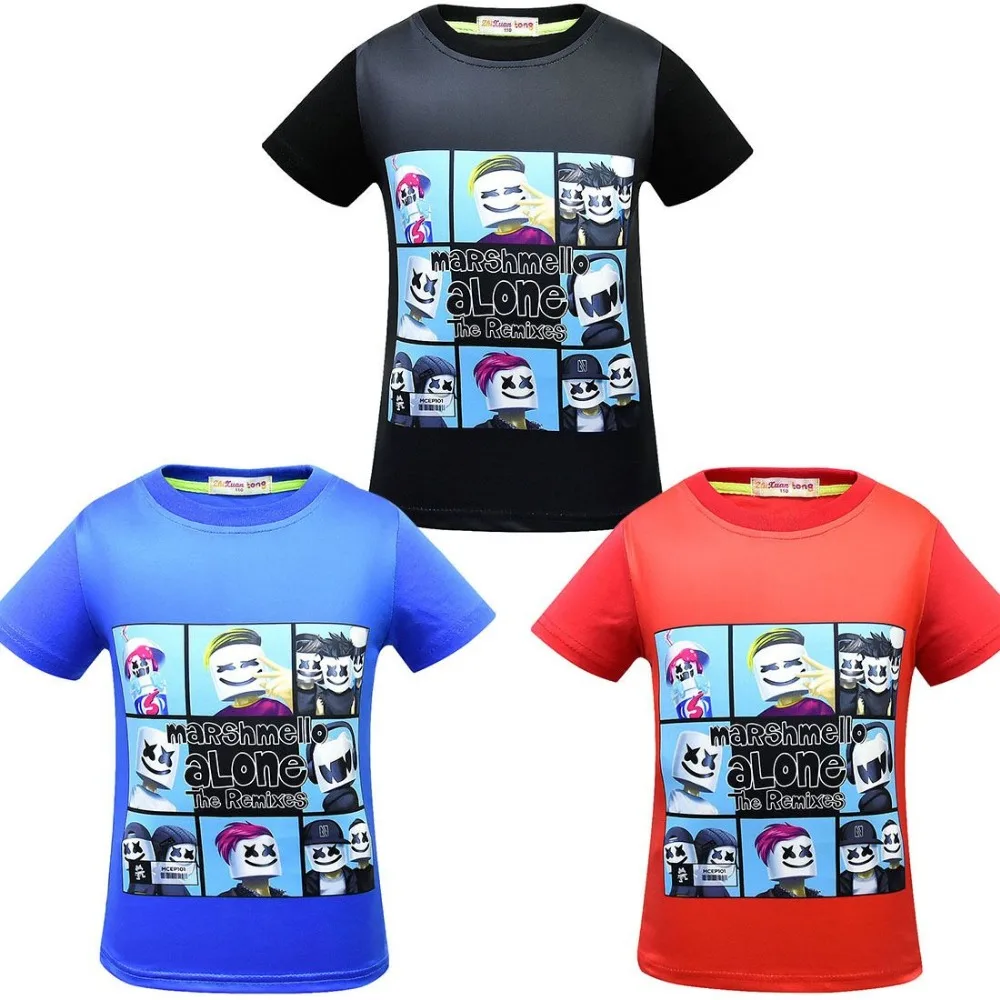

DJ marshmello T shirt kids Helmet Marshmallow face Smile Hip Hop Funny childen Short sleeveTopsmen Printed Tees